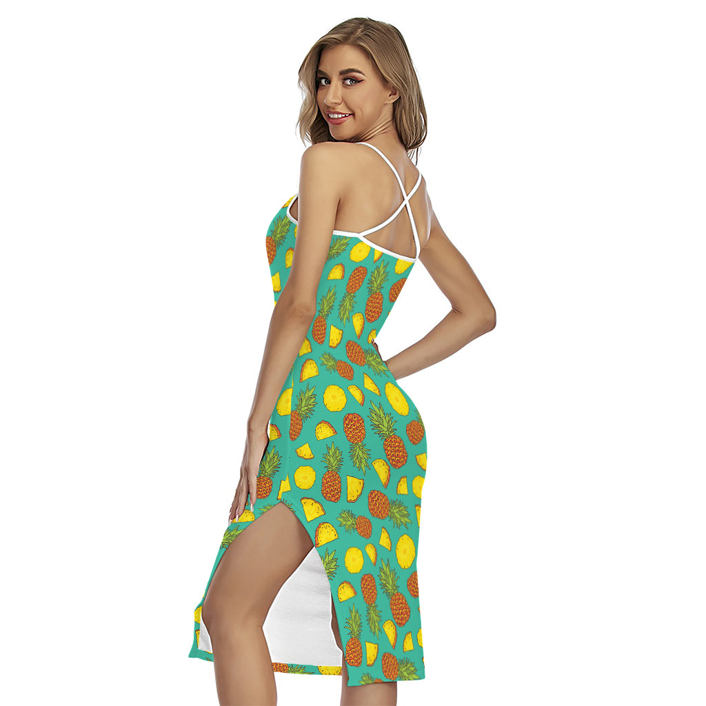 Tropical Pineapples Pattern Print Cross Back Cami Dress