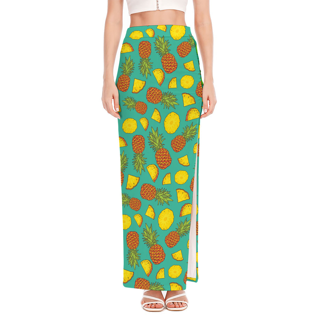 Tropical Pineapples Pattern Print High Slit Maxi Skirt