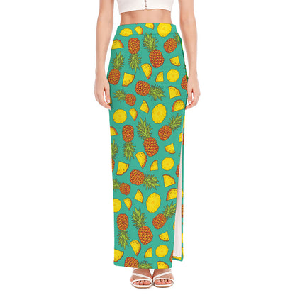 Tropical Pineapples Pattern Print High Slit Maxi Skirt