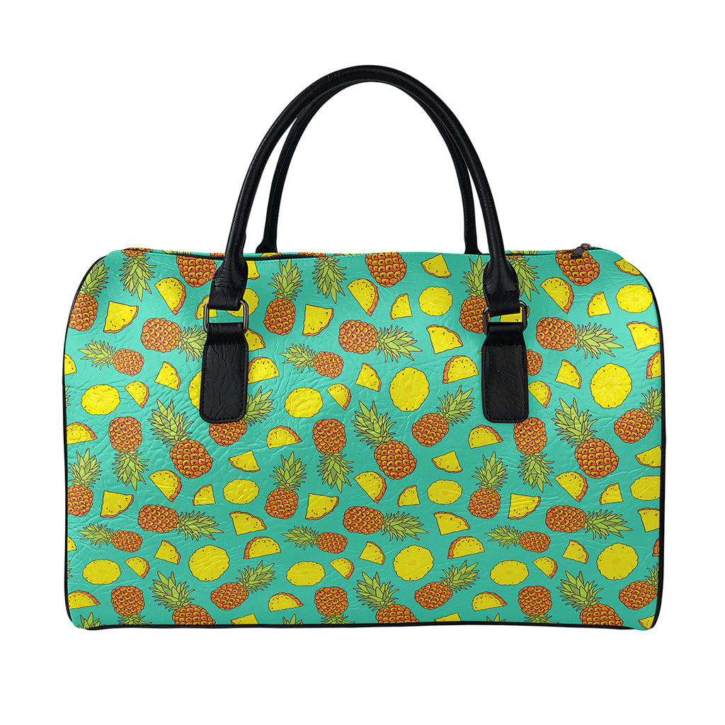 Tropical Pineapples Pattern Print Leather Duffle Bag
