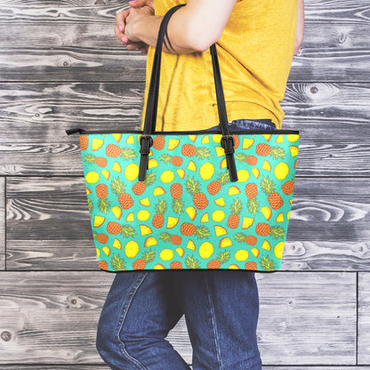 Tropical Pineapples Pattern Print Leather Tote Bag