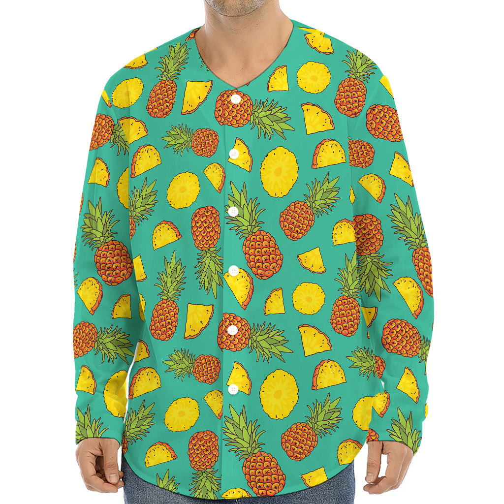 Tropical Pineapples Pattern Print Long Sleeve Baseball Jersey