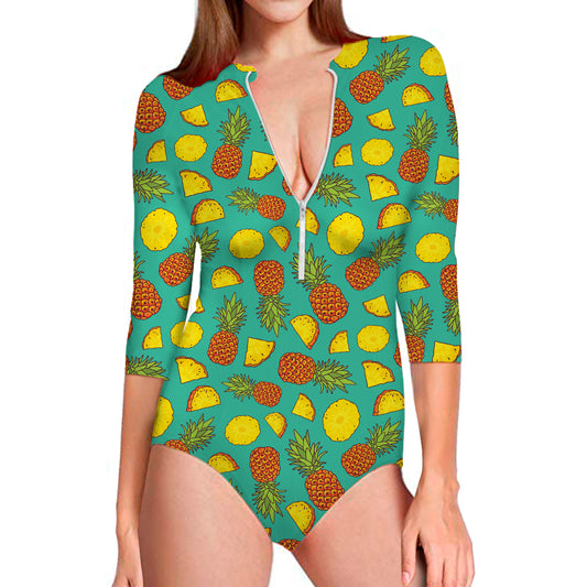Tropical Pineapples Pattern Print Long Sleeve Swimsuit