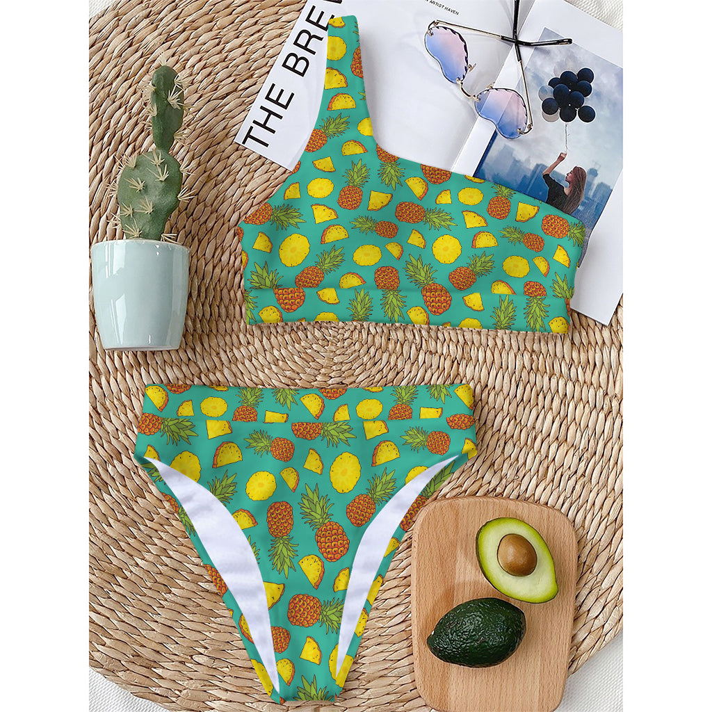 Tropical Pineapples Pattern Print One Shoulder Bikini Top