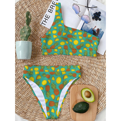 Tropical Pineapples Pattern Print One Shoulder Bikini Top