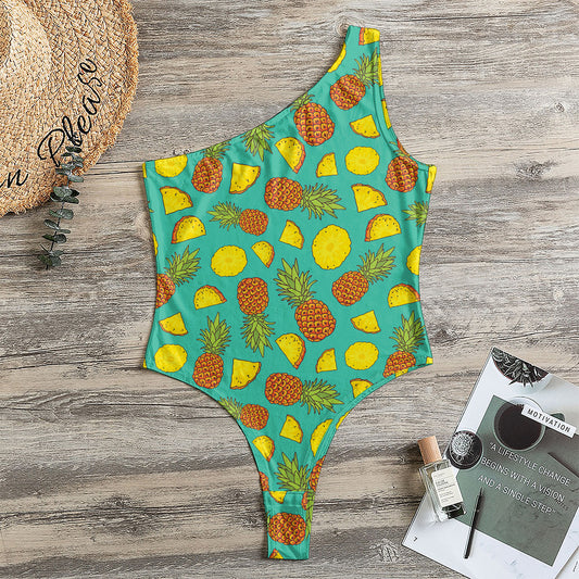 Tropical Pineapples Pattern Print One Shoulder Bodysuit