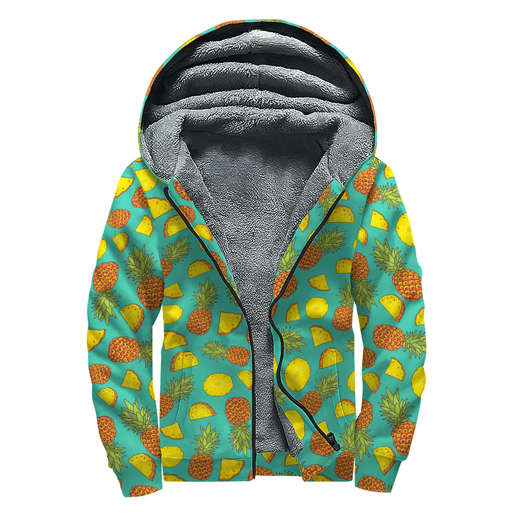 Tropical Pineapples Pattern Print Sherpa Lined Zip Up Hoodie