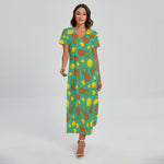 Tropical Pineapples Pattern Print Short Sleeve Maxi Dress