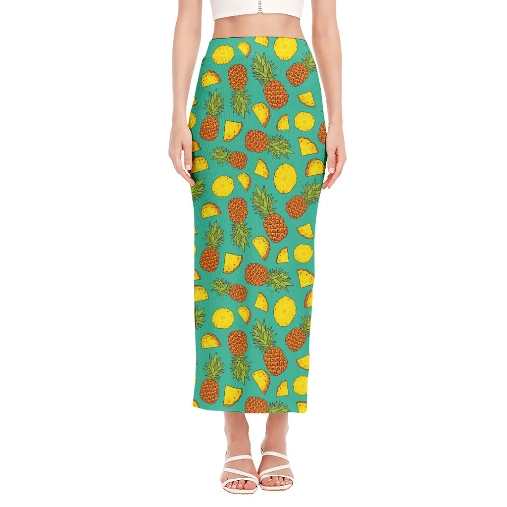 Tropical Pineapples Pattern Print Side Slit Maxi Skirt