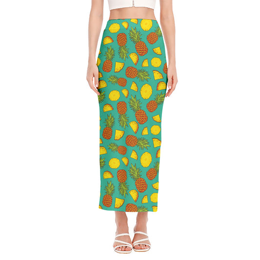 Tropical Pineapples Pattern Print Side Slit Maxi Skirt