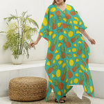 Tropical Pineapples Pattern Print Silk V-Neck Kaftan Dress