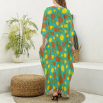 Tropical Pineapples Pattern Print Silk V-Neck Kaftan Dress