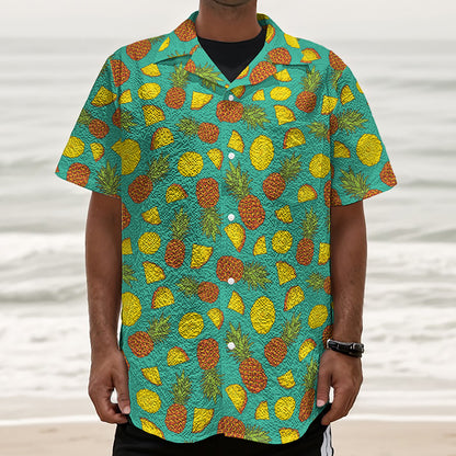 Tropical Pineapples Pattern Print Textured Short Sleeve Shirt