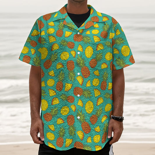 Tropical Pineapples Pattern Print Textured Short Sleeve Shirt