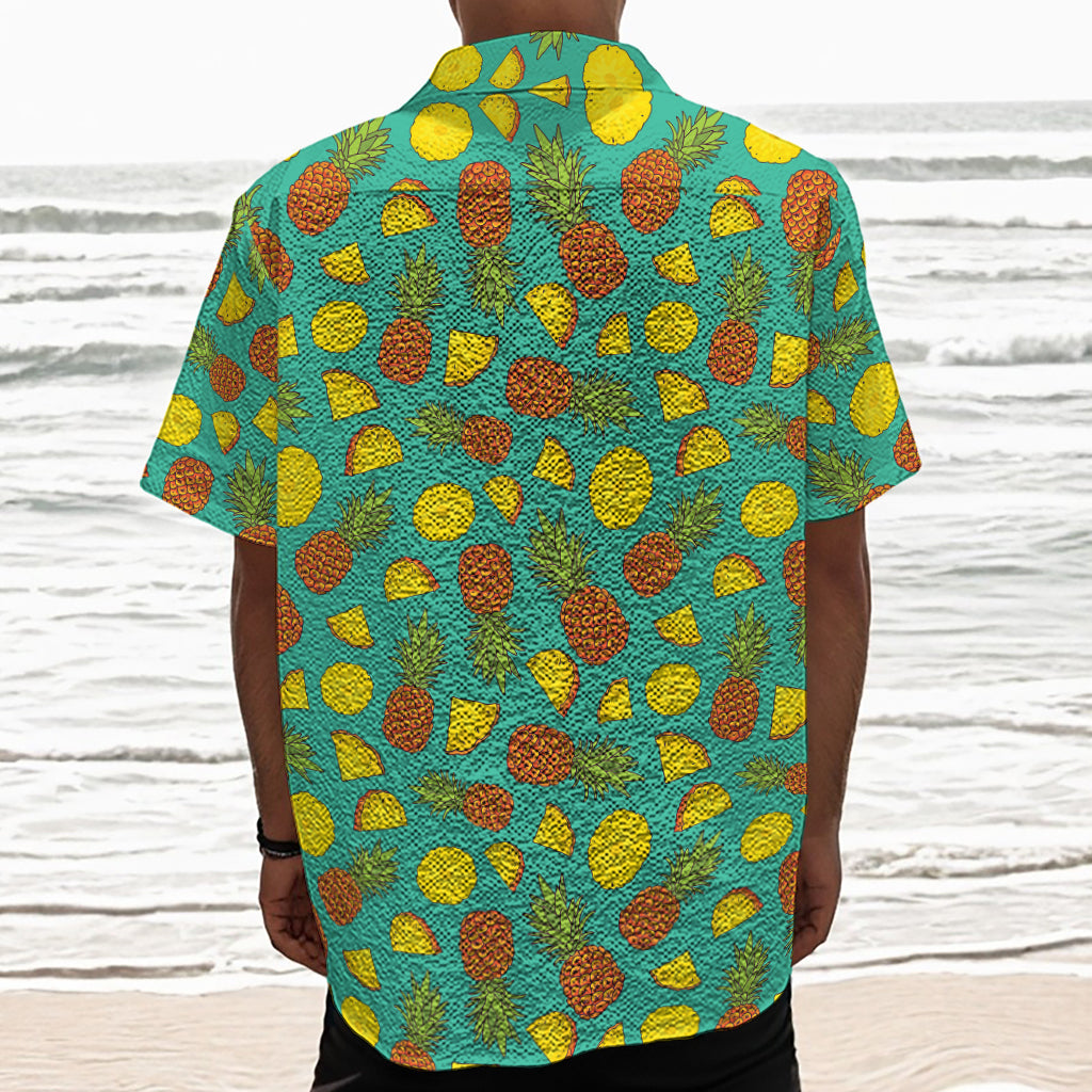 Tropical Pineapples Pattern Print Textured Short Sleeve Shirt