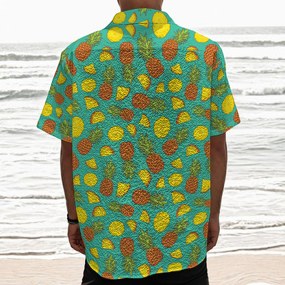 Tropical Pineapples Pattern Print Textured Short Sleeve Shirt