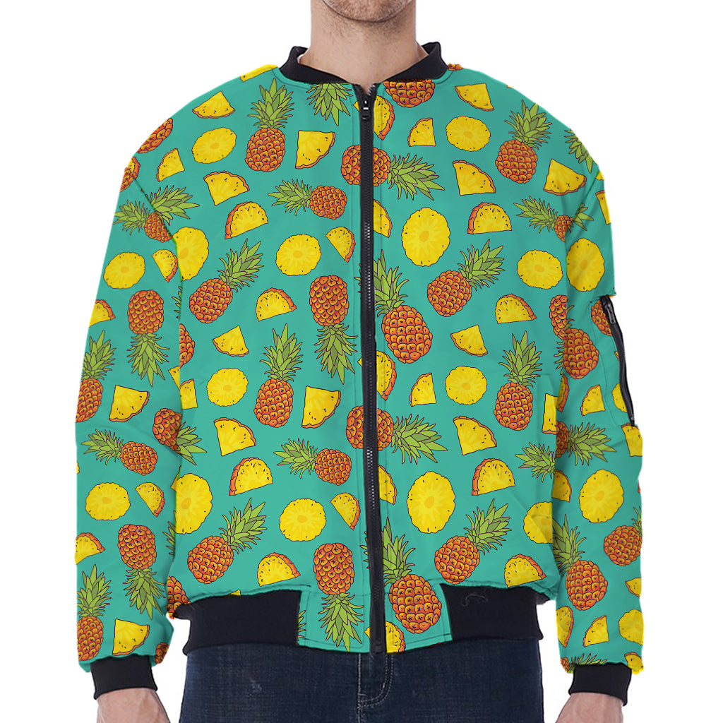 Tropical Pineapples Pattern Print Zip Sleeve Bomber Jacket