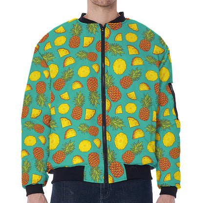 Tropical Pineapples Pattern Print Zip Sleeve Bomber Jacket