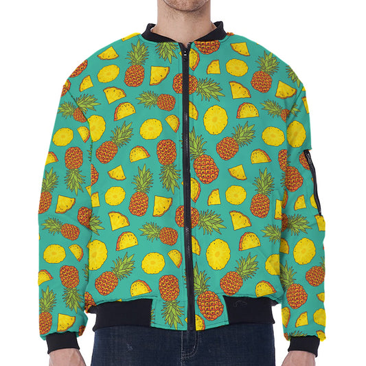 Tropical Pineapples Pattern Print Zip Sleeve Bomber Jacket