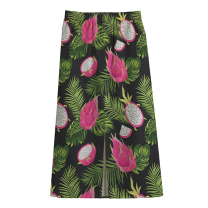 Tropical Pitaya Pattern Print Cotton Front Slit Maxi Skirt