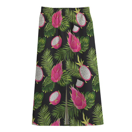 Tropical Pitaya Pattern Print Cotton Front Slit Maxi Skirt