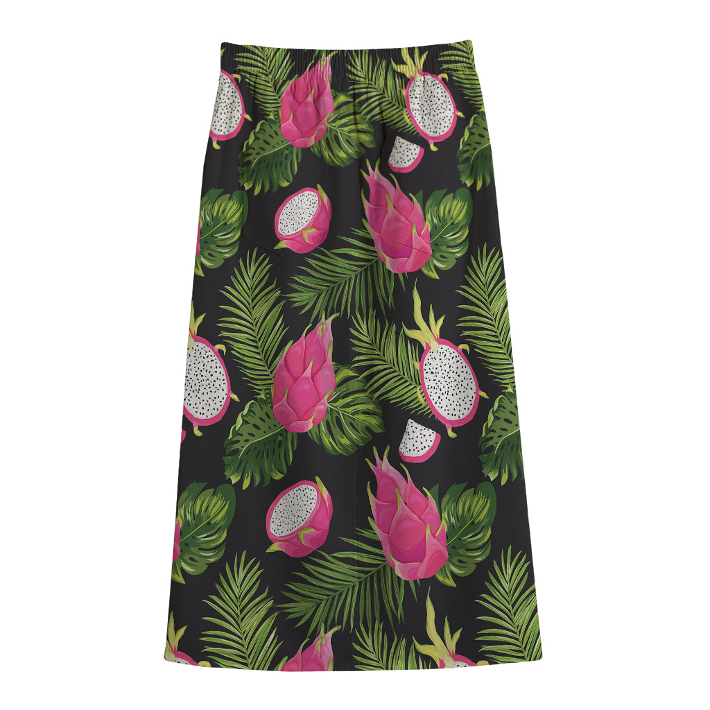 Tropical Pitaya Pattern Print Cotton Front Slit Maxi Skirt