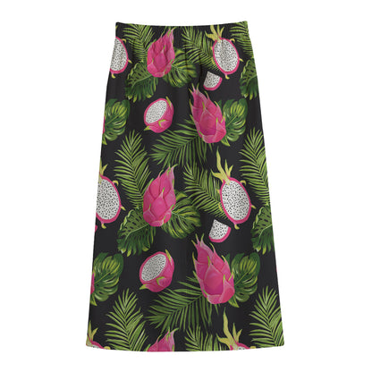 Tropical Pitaya Pattern Print Cotton Front Slit Maxi Skirt
