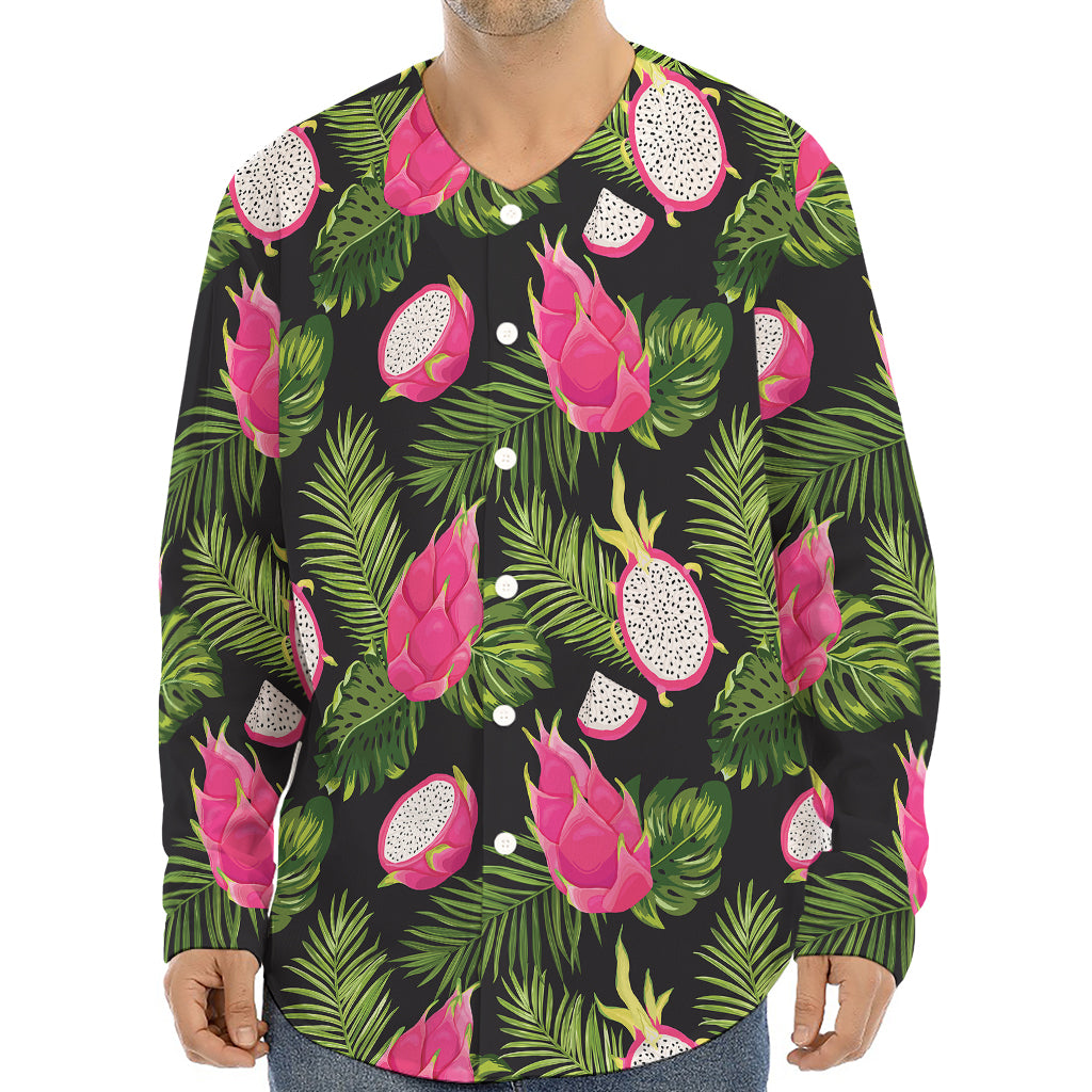 Tropical Pitaya Pattern Print Long Sleeve Baseball Jersey