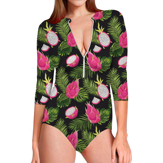 Tropical Pitaya Pattern Print Long Sleeve Swimsuit