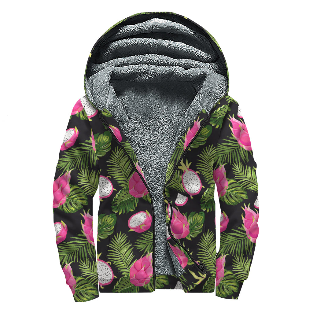 Tropical Pitaya Pattern Print Sherpa Lined Zip Up Hoodie