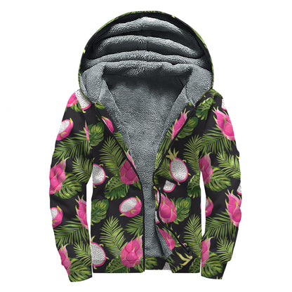 Tropical Pitaya Pattern Print Sherpa Lined Zip Up Hoodie