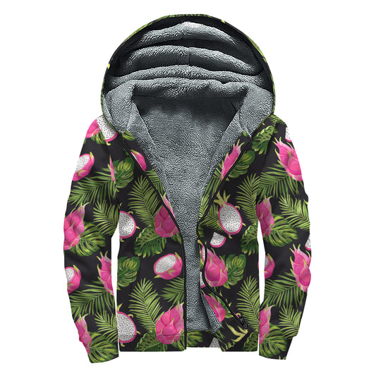 Tropical Pitaya Pattern Print Sherpa Lined Zip Up Hoodie