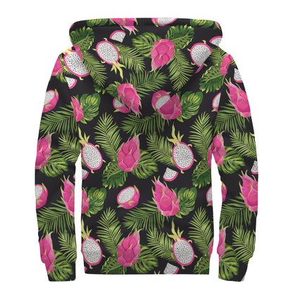 Tropical Pitaya Pattern Print Sherpa Lined Zip Up Hoodie