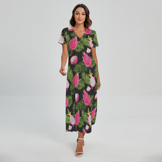 Tropical Pitaya Pattern Print Short Sleeve Maxi Dress