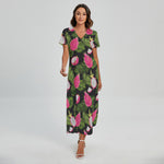 Tropical Pitaya Pattern Print Short Sleeve Maxi Dress