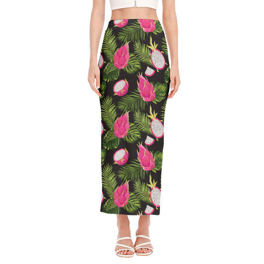 Tropical Pitaya Pattern Print Side Slit Maxi Skirt