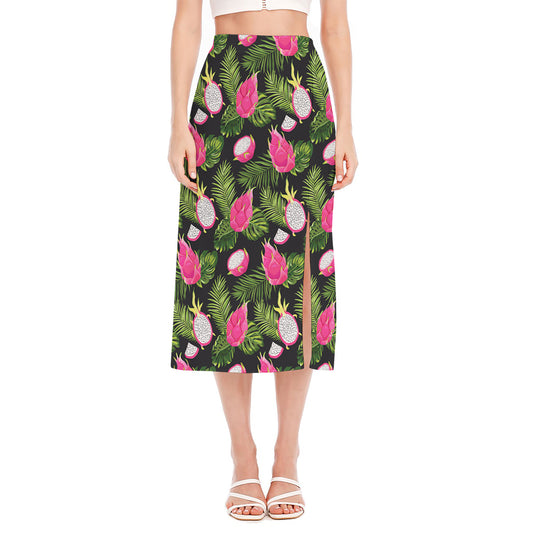 Tropical Pitaya Pattern Print Side Slit Midi Skirt