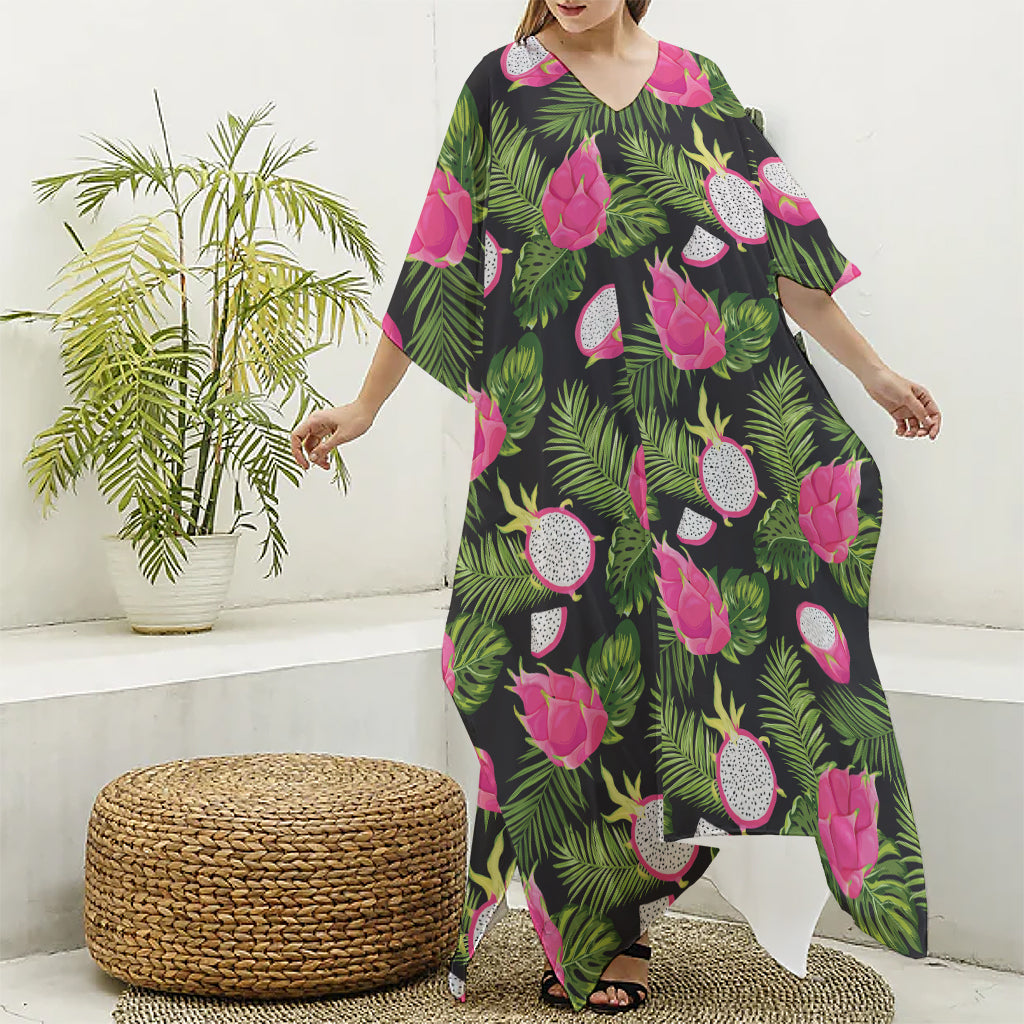 Tropical Pitaya Pattern Print Silk V-Neck Kaftan Dress