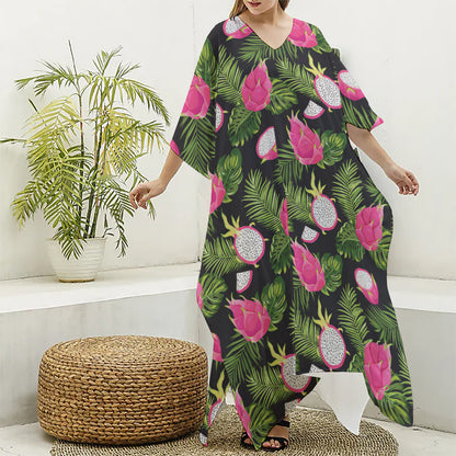 Tropical Pitaya Pattern Print Silk V-Neck Kaftan Dress