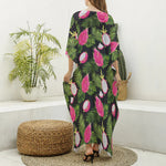 Tropical Pitaya Pattern Print Silk V-Neck Kaftan Dress