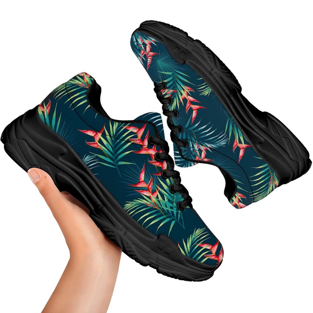 Tropical Plants Hawaii Pattern Print Black Chunky Shoes