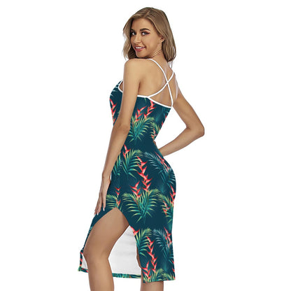Tropical Plants Hawaii Pattern Print Cross Back Cami Dress