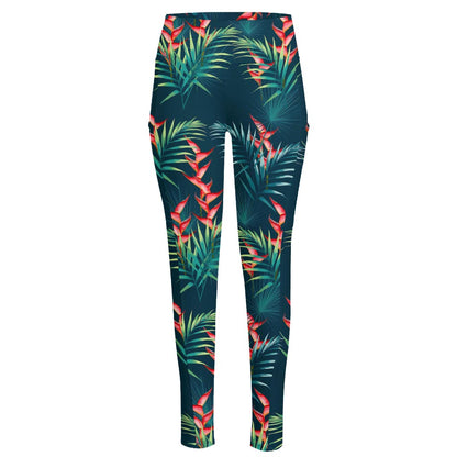 Tropical Plants Hawaii Pattern Print High-Waisted Pocket Leggings