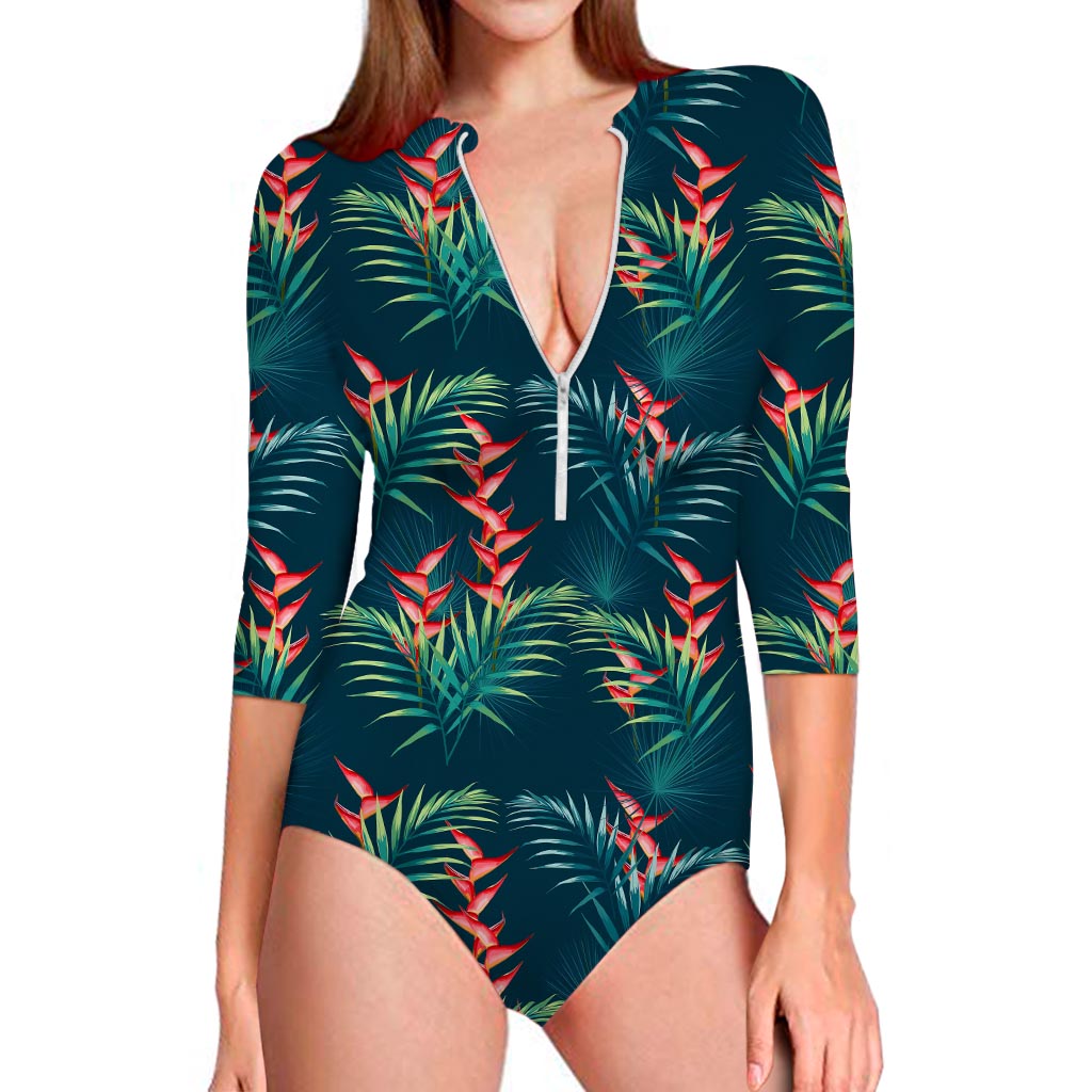 Tropical Plants Hawaii Pattern Print Long Sleeve Swimsuit