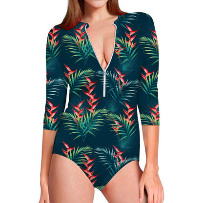Tropical Plants Hawaii Pattern Print Long Sleeve Swimsuit
