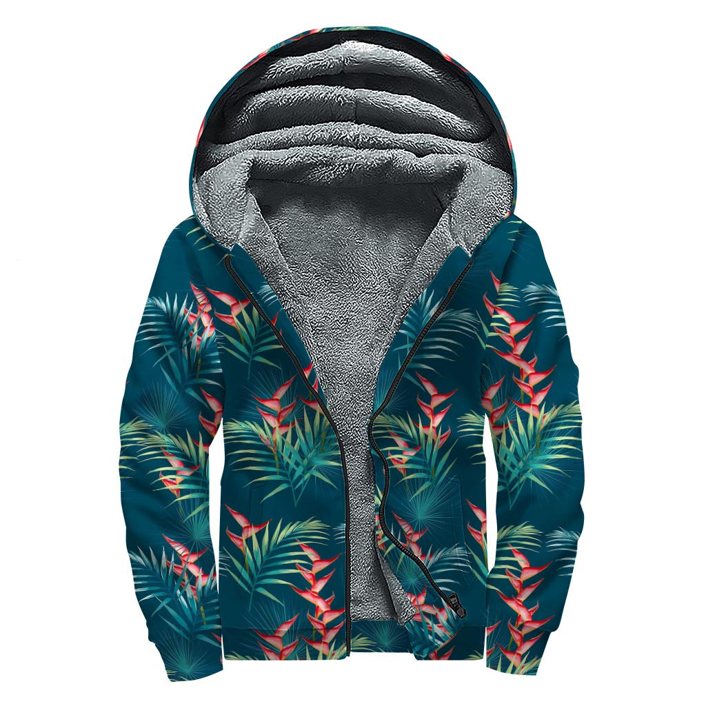 Tropical Plants Hawaii Pattern Print Sherpa Lined Zip Up Hoodie