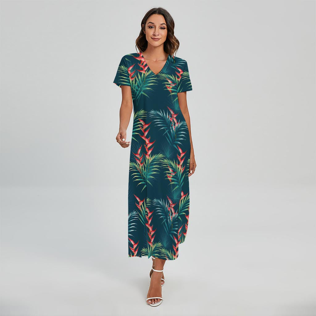 Tropical Plants Hawaii Pattern Print Short Sleeve Maxi Dress
