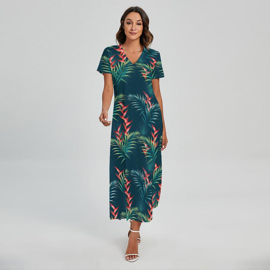 Tropical Plants Hawaii Pattern Print Short Sleeve Maxi Dress