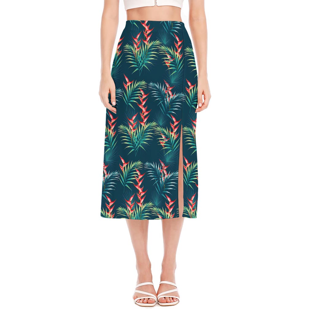 Tropical Plants Hawaii Pattern Print Side Slit Midi Skirt