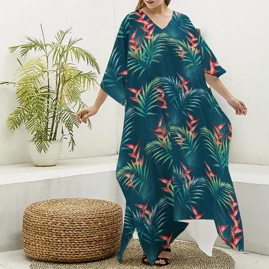 Tropical Plants Hawaii Pattern Print Silk V-Neck Kaftan Dress